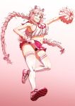  1girl absurdres arm_up armpits bam.g bangs braid breasts cheering cheerleader crop_top eyebrows_visible_through_hair full_body grin highres holding holding_pom_poms large_breasts last_origin long_hair looking_at_viewer midriff navel one_eye_closed panties pink_eyes pink_hair pom_poms shoes smile sneakers solo sweat t-14_miho thighhighs twin_braids twitter_username underwear very_long_hair white_legwear 