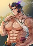  1boy abs absurdres bara bare_arms bare_pecs bare_shoulders beard blush broken_horn dark_blue_hair demon_boy demon_horns facial_hair fang fiery_horns hammer highres horns kageru_(mofnyan) large_pectorals lifted_by_self long_sideburns male_focus mature_male muscular muscular_male navel nipples raised_eyebrow red_eyes scar_on_neck shirt shirt_lift short_hair sideburns smile solo_focus stomach stubble takemaru_(tokyo_houkago_summoners) thick_eyebrows tokyo_houkago_summoners torn_clothes torn_shirt white_shirt 