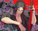  1boy bare_pecs black_hair black_kimono cloud collarbone eyeshadow fate/grand_order fate_(series) hijikata_toshizou_(fate) holding holding_sheath japanese_clothes katana kazuki_yone kimono knee_up makeup open_clothes open_kimono pectorals red_eyeshadow sheath short_hair sidelocks smile sword toned toned_male weapon 