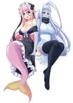  2girls :d ahoge black_sclera blue_eyes blue_skin breasts choker cleavage colored_sclera colored_skin dullahan eyebrows eyebrows_visible_through_hair eyes_visible_through_hair head_fins huge_ahoge lala_(monster_musume) large_breasts long_hair mermaid meroune_lorelei monster_girl monster_musume_no_iru_nichijou multiple_girls official_art okayado open_mouth pink_hair scales scarf simple_background sitting sleeveless smile thighhighs very_long_hair white_background white_hair yellow_eyes zettai_ryouiki 