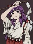  1girl awk_chan bangs blunt_bangs blush bow brown_background eyebrows_behind_hair gohei hair_bow hair_tubes hakama hakurei_reimu hakurei_reimu_(pc-98) highres holding holding_stick japanese_clothes long_hair looking_to_the_side parted_lips purple_eyes purple_hair red_bow red_hakama short_sleeves sidelocks simple_background solo stick touhou touhou_(pc-98) upper_body white_robe wide_sleeves 