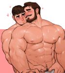  2boys abs bara beard brown_hair couple facial_hair heart heart-shaped_pupils highres jang_ju_hyeon large_pectorals male_focus mature_male messy_hair multiple_boys muscular muscular_male navel navel_hair nipples original out-of-frame_censoring short_hair stomach symbol-shaped_pupils thick_eyebrows underwear underwear_only undressing_another wet white_male_underwear yaoi 