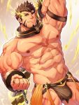  1boy abs alternate_facial_hair bara beard biceps brown_hair brown_male_underwear bulge cuffs facial_hair flaming_eye handcuffs hercules_(tokyo_houkago_summoners) highres large_pectorals loincloth looking_at_viewer male_focus mature_male muscular muscular_male navel nipples scar scar_on_chest short_hair smile solo stomach thick_eyebrows thick_thighs thighs tokyo_houkago_summoners tptptpn veins 