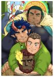  4boys bara beard blush broken_horn buzz_cut character_request creature dark_blue_hair dark_skin dark_skinned_male demon_boy demon_horns dogpile facial_hair fang fiery_horns flaming_eye hephaestus_(tokyo_houkago_summoners) highres horns hug hug_from_behind kumagamike kurogane_(tokyo_houkago_summoners) long_sideburns male_focus mature_male multiple_boys muscular muscular_male red_hair scar_on_forehead scar_on_neck shirt short_hair sideburns smile stubble takemaru_(tokyo_houkago_summoners) textless thick_eyebrows tight_shirt tokyo_houkago_summoners very_dark_skin very_short_hair 