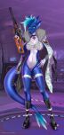  2021 4_ears anthro biped black_collar black_eyeshadow blue_body blue_eyes blue_feathers blue_hair breasts clothed clothing collar countershade_torso countershading detailed_background english_text eyeshadow feathers female gun hair holding_gun holding_object holding_weapon looking_at_viewer makeup multi_ear navel ranged_weapon rii_(madmilk) romanginzburg scalie signature solo standing text weapon white_body 