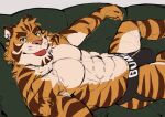  anthro blep bulge clothing felid hi_res jockstrap looking_at_viewer lying male mammal muscular muscular_male on_back pantherine pecs ragtouran solo tiger tongue tongue_out underwear 