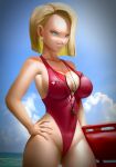  alternate_breast_size android_18 beach blonde_hair blue_eyes breasts cyborg dragon_ball dragon_ball_z elitenappa1 hand_on_hip highleg highleg_swimsuit highres large_breasts lifeguard looking_to_the_side one-piece_swimsuit red_swimsuit revealing_clothes swimsuit thighs 