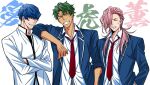  3boys adam_(sk8) arm_at_side blue_hair cherry_blossom_(sk8) closed_eyes crossed_arms facing_viewer green_hair grin hair_over_one_eye joe_(sk8) laughing long_hair male_focus messy_hair multiple_boys necktie pink_hair red_neckwear school_uniform shirt short_hair sisido_(black_candy) sk8_the_infinity smile sweatdrop tan upper_body white_shirt younger 