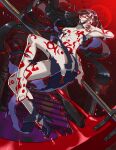  1boy barefoot black_hair feet guilty_gear guilty_gear_x kyo_niku long_hair male_focus nail_polish nude pale_skin red_eyes shiny shiny_hair testament_(guilty_gear) thighs toes torn_clothes 