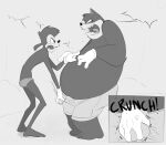  angry anthro ball_grab ballbusting balls bodily_fluids bush_(disambiguation) clothed clothing cock_and_ball_torture disney duo erection erection_under_clothing felid feline genital_torture genitals gesture gloves goof_troop handwear male male/male mammal max_goof monochrome overweight overweight_male pain peter_pete_sr. pointing simple_background sodabox tagme tears tongue underwear young 