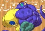  2021 abstract_background anthro big_muscles big_pecs big_penis blue_nipples blue_penis brown_hair countershading draderico dragon genitals grin hair hi_res horn huge_muscles huge_pecs huge_penis hyper hyper_genitalia hyper_muscles hyper_pecs hyper_penis looking_at_viewer male muscular nipples nude panscolipede pecs penis scalie side_view smile solo western_dragon yellow_countershading 