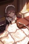  1girl absurdres apron blush brown_hair closed_mouth eyebrows_visible_through_hair hair_between_eyes highres indoors long_hair looking_at_viewer maid maid_apron maid_headdress monmo_mu on_floor original pout short_sleeves sidelocks sitting solo twintails yellow_eyes 