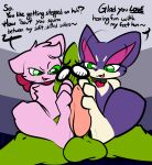  1-upclock ambiguous_gender anthro ashley_(1-upclock) collar dialogue english_text foot_fetish foot_play footjob green_eyes group heart_collar_tag hi_res jay_(1-upclock) larvitar legendary_pok&eacute;mon male male/ambiguous mew nintendo pok&eacute;mon pok&eacute;mon_(species) purrloin sasha_(1-upclock) sex text video_games 