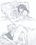  1boy 1girl bangs bed_sheet blush closed_eyes cloud_strife commentary final_fantasy final_fantasy_vii from_above khaw_(cloudstdontcare) kiss long_hair looking_at_another lying monochrome pillow profile red_eyes shirt short_hair short_sleeves symbol_commentary tifa_lockhart 