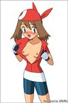  blue_eyes blush brown_hair haruka_(pokemon) may nintendo nipples open_clothes open_shirt pokemon shirt short_hair 