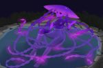  anthro bioluminescence breasts feet female glowing hi_res hot_spring jellyfish looking_at_viewer marine nipples nude purple_skin pussy red_eyes shazzi simple_background smile solo tentacles water 