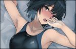  1girl amagami arm_behind_head armpits bangs bed_sheet black_border black_hair black_swimsuit blue_swimsuit blush border breasts breath brown_eyes collarbone commentary competition_swimsuit hair_between_eyes hand_on_own_chest highres looking_at_viewer lying medium_breasts mobu motion_lines nanasaki_ai nose_blush on_back on_bed one-piece_swimsuit open_mouth pillow raised_eyebrows saliva sexually_suggestive short_hair solo sweat swimsuit tears two-tone_swimsuit upper_body 