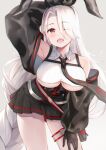  1girl ;d anchor_symbol animal_ears arm_up armpits azur_lane bangs bare_shoulders black_gloves black_neckwear black_skirt breasts bunny_ears collared_shirt crop_top detached_sleeves eric_(tianqijiang) extra_ears eyebrows_visible_through_hair eyes_visible_through_hair fake_animal_ears gloves grey_background hair_between_eyes hair_over_one_eye hair_ribbon hand_on_thigh highres large_breasts long_hair long_sleeves looking_at_viewer necktie one_eye_closed open_mouth parted_bangs pleated_skirt prinz_heinrich_(azur_lane) red_eyes ribbon shirt silver_hair simple_background skirt sleeveless sleeveless_shirt smile solo teeth underboob very_long_hair white_hair white_shirt 