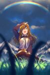  1girl bangs belt black_ribbon blue_eyes brown_legwear cis05 cloud collared_shirt commentary_request crying crying_with_eyes_open eyebrows_visible_through_hair eyepatch fate/grand_order fate_(series) grass jacket long_hair long_sleeves looking_up mountain neck_ribbon open_mouth ophelia_phamrsolone orange_hair outdoors pantyhose rainbow ribbon shirt shrug_(clothing) sitting sky smile solo tears 