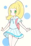  1girl blonde_hair chorimokki closed_mouth green_eyes lillie_(pokemon) long_hair looking_at_viewer pokemon pokemon_(game) pokemon_sm simple_background skirt smile solo white_background 