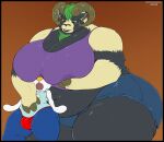  2018 anthro big_breasts blush bottomwear bovid breast_smother breasts bulge caprine cleavage clothed clothing duo female fur goat green_eyes green_hair hair hand_on_breast hotpants huge_breasts hyper hyper_breasts male male/female mammal navel nintendo obese oshawott overweight pok&eacute;mon pok&eacute;mon_(species) ram_horns shorts simple_background size_difference smothering soulman1 speedo swimwear video_games 