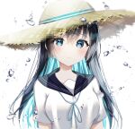  1girl absurdres aqua_neckwear aqua_ribbon beige_headwear black_hair blue_eyes blue_hair blurry blush breasts closed_mouth colored_inner_hair depth_of_field droplets expressionless eyebrows_visible_through_hair eyebrows_visible_through_hat hat highres long_hair looking_at_viewer medium_breasts multicolored_hair original ribbon sailor_collar shiori_(shiori_2_14) shirt short_sleeves simple_background solo straw_hat tilted_headwear two-tone_hair uniform upper_body water white_background white_shirt 