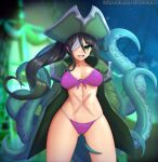  2021 animal_humanoid bikini blurred_background cephalopod cephalopod_humanoid clothing digital_media_(artwork) eyelashes female front_view green_eyes hair hat headgear headwear hi_res humanoid long_hair looking_at_viewer marine marine_humanoid mollusk mollusk_humanoid octopus_humanoid open_mouth outside solo swimwear tentacles text twistedscarlett60 url 