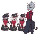  4girls absurdres alternate_costume alternate_hairstyle apron azazel_(helltaker) black_gloves black_hair black_headwear black_pants breasts demon_girl demon_tail eyewear_on_headwear gloves glowing glowing_eyes hair_up hat head_bump heart heart_eyes helltaker highres justice_(helltaker) kneeling large_breasts long_hair lucifer_(helltaker) modeus_(helltaker) multiple_girls naughty_face nose_bubble pants police_hat ponytail red_eyes red_shirt shaded_face sharaku_koji shirt smile sunglasses tail tail_wagging white_background white_eyes white_hair 