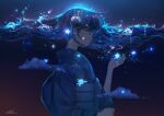  1girl absurdres aki_a0623 blue_eyes cloud glowing highres holding holding_star huge_filesize japanese_clothes kimono light long_hair original profile solo_focus star_(sky) star_(symbol) surreal wavy_hair 