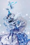  animal_ear_fluff animal_ears arknights bell boots coat flowing_dress hat highres kanose leopard_ears leopard_tail long_skirt looking_back pramanix_(arknights) pramanix_(caster&#039;s_frost)_(arknights) skirt snow snowing tail white_hair 