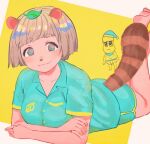  1girl animal_ears aqua_shirt aqua_shorts barefoot brown_hair grey_eyes kibi_kibi_s leaf leaf_on_head looking_at_viewer lying on_stomach original pajamas raccoon_ears raccoon_girl raccoon_tail shadow shirt short_hair short_sleeves shorts smile solo tail yellow_background 