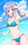  1girl absurdres arm_up bangs bare_arms bare_shoulders bikini blue_bikini blue_eyes blue_hair blue_sky blush breasts cleavage cloud cloudy_sky cowboy_shot day eyebrows_visible_through_hair groin hair_between_eyes hair_ornament hair_scrunchie highres horizon long_hair low_twintails medium_breasts navel nijisanji ocean outdoors scrunchie sky solo standing swimsuit twintails virtual_youtuber water white_scrunchie yotsugi yuuki_chihiro 