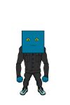  4_fingers black_clothing blank_expression blue_body blue_skin clothing cube fingers footwear humanoid large_head male not_furry shoes short_male small_mouth solo unknown_artist yellow_eyes 