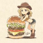  1girl aqua_eyes belt blonde_hair blue_shorts boots brown_footwear cheese food hamburger highres leaning_forward lettuce long_hair looking_at_viewer midriff mojacookie navel original oversized_food shadow shorts signature simple_background solo standing tan_background wide_shot 