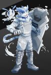  2021 5_fingers anthro arknights blue_eyes blue_nose clothing fangs fingers fur looking_at_viewer male mammal open_mouth solo waddledox white_body white_fur 