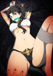  1girl ahoge angry anklet arms_up asymmetrical_legwear asymmetrical_sleeves bangs black_hair black_panties blush bound bound_wrists breasts commentary_request crown detached_sleeves earrings elbow_gloves fate/grand_order fate_(series) gag gagged gloves highres hoop_earrings ishtar_(fate) ishtar_(fate)_(all) jewelry long_hair looking_at_viewer lying medium_breasts navel neck_ring on_back panties parted_bangs red_eyes restrained single_detached_sleeve single_elbow_glove single_sleeve single_thighhigh solo tape thighhighs tiara tumamiya01 two_side_up underwear 