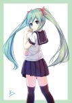  1girl aqua_hair black_legwear blue_eyes blush bow copyright_name hair_between_eyes hair_bow hair_ornament hatsune_miku itachi_kanade long_hair long_image looking_back school_uniform smile tall_image thighhighs twintails uniform vocaloid white_background zettai_ryouiki 