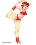  1girl arms_up blush bra breasts brown_eyes brown_hair cleavage full_body headband kasugano_sakura leg_up looking_at_viewer medium_breasts navel open_mouth panties red_bra red_legwear red_panties rtil short_hair smile socks solo standing standing_on_one_leg street_fighter sweat underwear underwear_only watermark web_address white_headband 