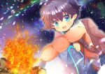  1boy :d backpack bag bangs black_hair blue_eyes blue_pants blush campfire colored_eyelashes commentary_request eyebrows_visible_through_hair fang fire hair_between_eyes indie_virtual_youtuber jacket knees_up kouu_hiyoyo long_sleeves looking_at_viewer male_focus mole mole_under_eye night night_sky open_mouth orange_jacket outdoors pants short_eyebrows sky smile solo squatting star_(sky) starry_sky tazzle thick_eyebrows virtual_youtuber 