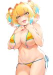  1girl aqua_hair backlighting bangs bare_shoulders bikini blonde_hair blush bombergirl breasts cameltoe cowboy_shot eyebrows_visible_through_hair fang grenade_hair_ornament groin hands_up heavy_breathing highres ikuchan_kaoru index_finger_raised large_breasts legs_together looking_at_viewer multicolored_hair naughty_face navel pine_(bombergirl) raised_eyebrows revision short_hair side-tie_bikini simple_background smile solo swimsuit symbol-shaped_pupils thighs two-tone_hair two_side_up untied untied_bikini white_background yellow_bikini 