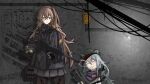  2girls assault_rifle black_jacket black_legwear blush brown_hair drooling g11_(girls_frontline) girls_frontline grey_hair gun h&amp;k_g11 h&amp;k_ump hair_ornament hat highres holding holding_weapon jacket logo long_hair looking_to_the_side multiple_girls nose_bubble one_side_up pantyhose pleated_skirt rifle ryan292989 scarf shadow sitting skirt sleeping smoke_grenade sparks submachine_gun switch tied_hair ump45_(girls_frontline) wall weapon wire 