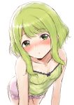 1girl :o absurdres all_fours bangs bare_shoulders blush breasts camisole cleavage collarbone eyebrows_visible_through_hair frilled_shorts frills green_camisole green_eyes green_hair highres looking_at_viewer morinaka_kazaki nijisanji nose_blush parted_lips pink_shorts short_shorts shorts sidelocks simple_background small_breasts solo virtual_youtuber white_background yotsugi 