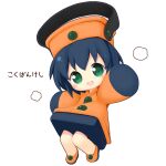  1girl :d aikei_ake bangs black_hair chibi dress eyebrows_visible_through_hair full_body green_eyes hat head_tilt highres looking_at_viewer open_mouth orange_dress orange_footwear orange_headwear original personification shoes simple_background smile solo translation_request white_background 