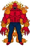  angry bottomwear claws clothing demon denim denim_clothing fire fire_demon horn humanoid jeans male muscular muscular_humanoid muscular_male orange_eyes pants sharp_teeth solo teeth topless_male unknown_artist 