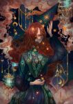  1girl absurdres aki_a0623 blue_eyes cloud crescent_moon feathers highres long_hair magic moon one_eye_covered original pale_skin peacock_feathers red_hair sky solo_focus sparks star_(sky) starry_sky starry_sky_print surreal very_long_hair wavy_hair witch 