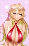  &lt;3 big_breasts blonde_hair breasts clothed clothing ear_piercing easonx elf elma_(ishuzoku_reviewers) female green_hair hair hi_res huge_breasts humanoid humanoid_pointy_ears ishuzoku_reviewers lips looking_at_viewer mammal multicolored_hair not_furry piercing pink_lips purple_eyes red_clothing signature simple_background solo two_tone_hair 