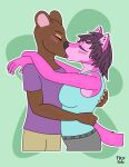  absurd_res anthro arm_around_partner bevis_(tackykat) blush bottomwear brown_body brown_fur canid canine clothing duo eyes_closed female fur grey_bottomwear grey_clothing grey_pants hand_on_back hi_res hug khaki_pants kissing making_out male male/female mammal murid murine pants pink_body pink_fur purple_clothing purple_shirt purple_topwear rat rodent sammie_(tackykat) shirt simple_background tackykat teal_shirt teal_topwear topwear 