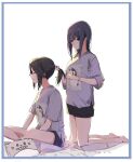  2girls black_hair black_shorts blue_eyes blue_hair closed_eyes closed_mouth crossed_legs hand_in_another&#039;s_hair hibike!_euphonium highres kasaki_nozomi kneeling liz_to_aoi_tori long_hair looking_at_another multiple_girls nozo_mizore pillow ponytail shirt short_sleeves shorts simple_background sitting smile t-shirt tying_hair white_background yoroizuka_mizore 