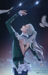  1boy arm_up bird closed_eyes ereyz frilled_sleeves frills long_hair male_focus motion_blur ponytail profile see-through silver_hair sparkle teenage twitter_username viktor_nikiforov younger yuri!!!_on_ice yuri!!!_on_ice_the_movie:_ice_adolescence 