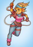  2020 activision anthro belt bottomwear breasts clothed clothing crash_bandicoot_(series) ear_piercing ear_ring female footwear fully_clothed fur gloves hair handwear jacket kevintrentin mammal marsupial multicolored_hair pants piercing pirate_tawna rope scarf signature simple_background smile solo teeth topwear video_games 